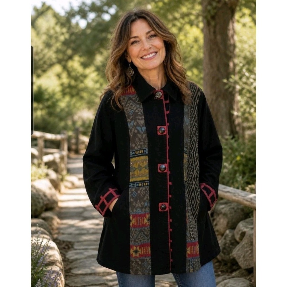 Parsley & Sage Mixed Media Patchwork Snap Up Midi Jacket Art To Wear 2XL Boho